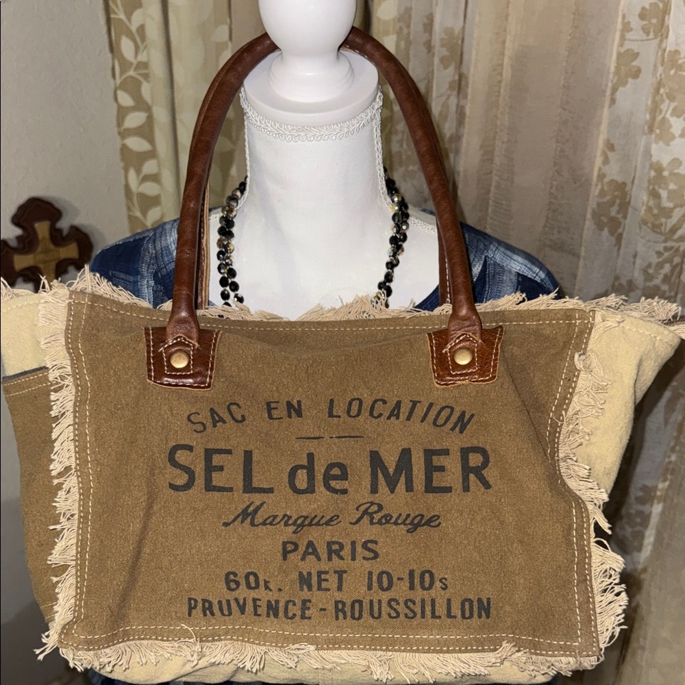 Myra Bag Tan and Brown Canvas Tote S-1046